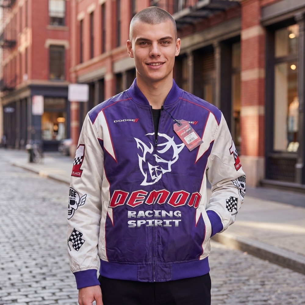 NEW Dodge x Reason Demon Racing Spirit Bomber Jacket Purple White Mens Size M‎